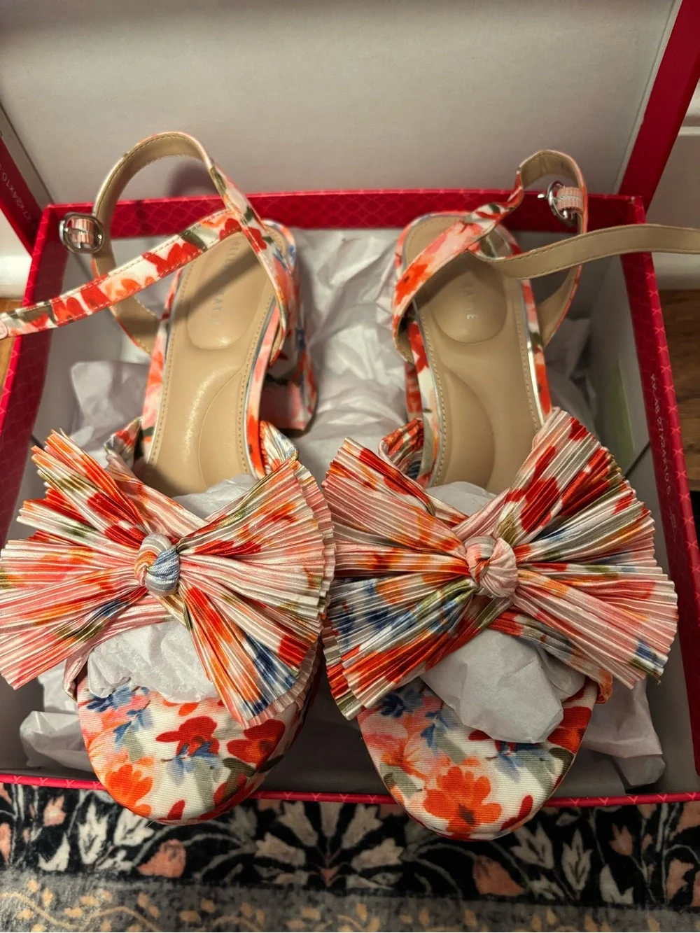 Kelly & Katie Floral Pleated Bow Platform Sandal - Coral Multi